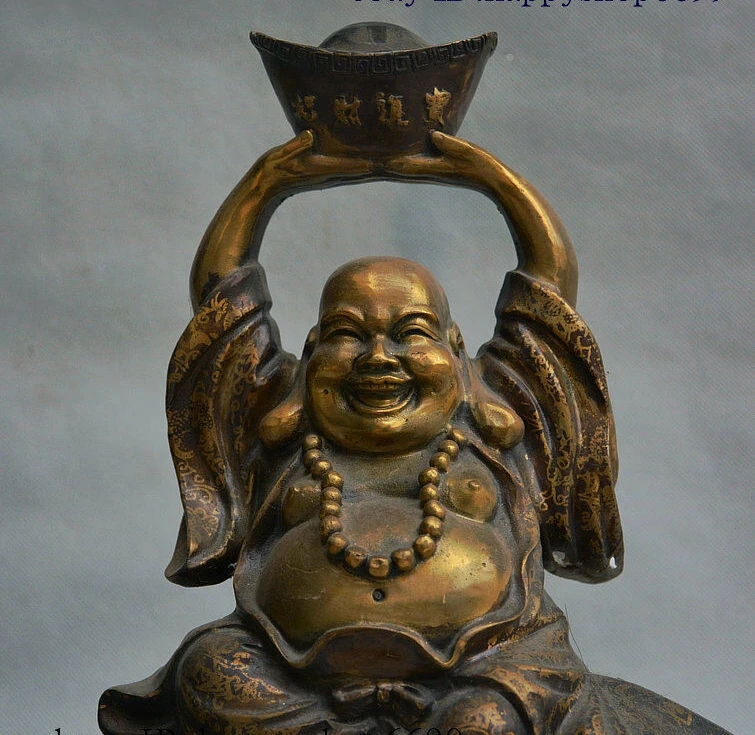 Marked China Buddhism Bronze Wealth Cattle Yuan Bao Happy Maitreya Buddha Statue