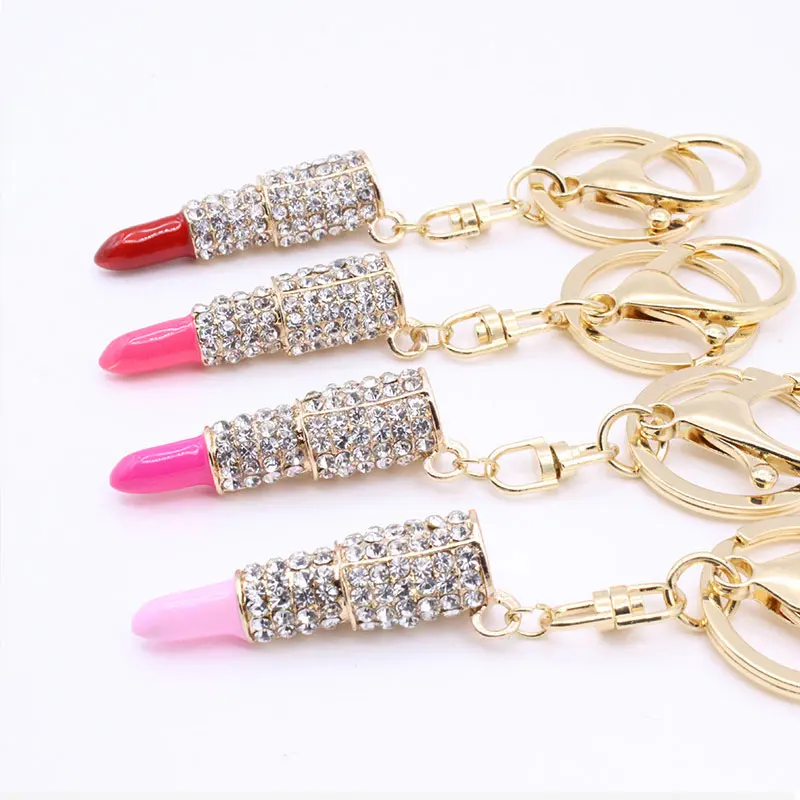 Fashion Metal Full Rhinestone Lipstick Red Keychain Bag Pendant Key Chain For Woman Gift