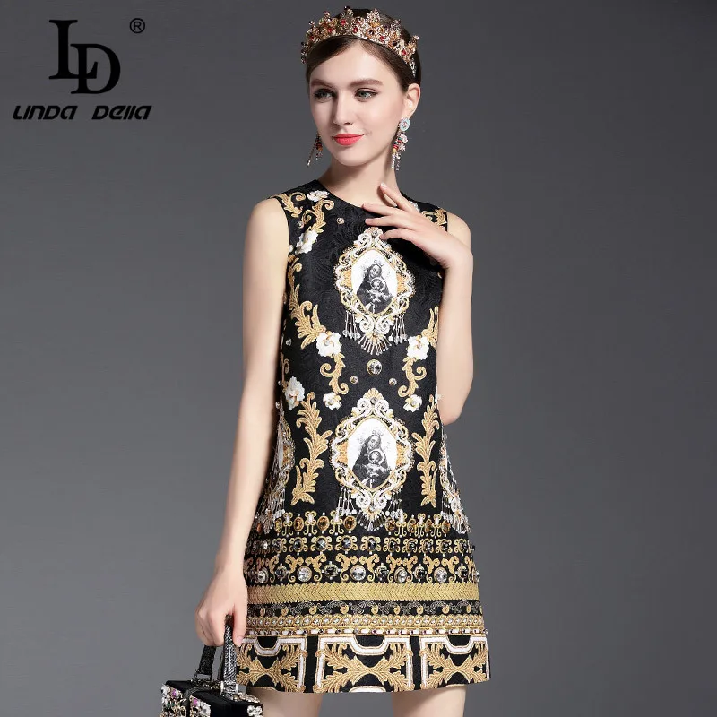 High Quality New Fashion Runway Summer Dress Women's Sleeveless Luxury Beading Jacquard Printed Vintage Straight Dress