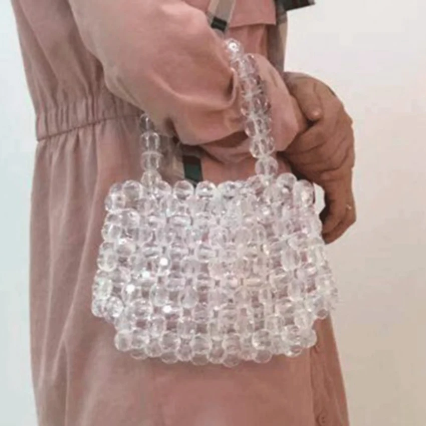

New hand-woven pearl female handbag luxury evening dress ladies pearl handbag shoulder bag clutch bag crystal transparent bag