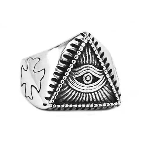 Illuminati Pyramid Eye Symbol Ring Stainless Steel Jewelry High Quality Cross Motor Biker Men Ring Wholesale SWR0519