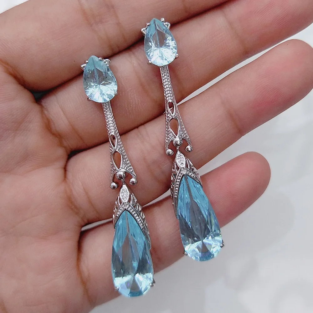 Bridal Light Blue Crystal Stone Long Tassel Water Drop Earrings Elegant Wedding Jewelry For Women Girl  Party Jewelry Brincos