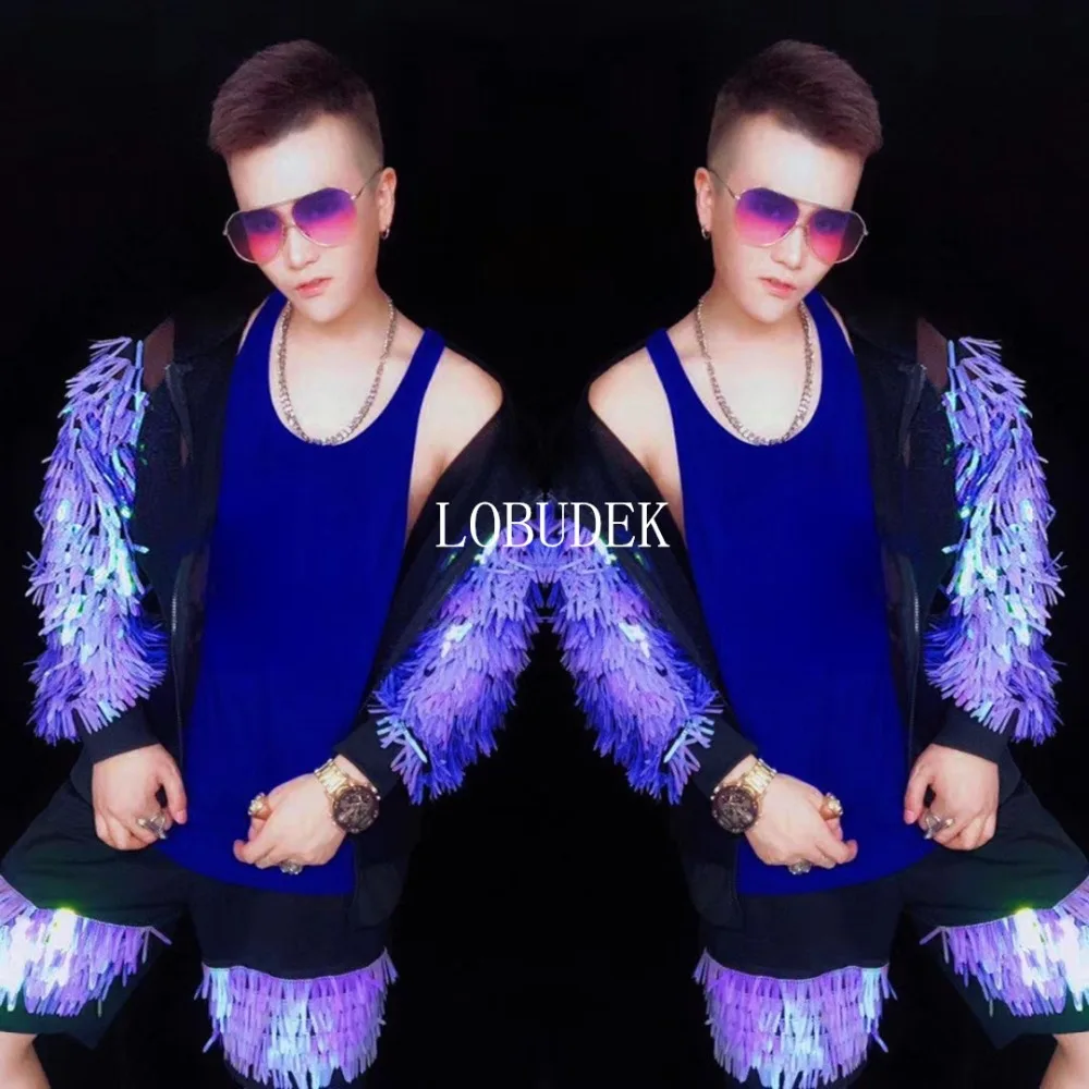 

Men's Rock Hop Hop Jazz Dancer Performance Costume Purple Sequins Tassel Jacket Shorts 2 Pieces Set Carnival Street Dance Outfit