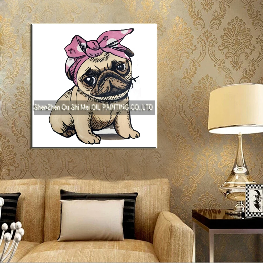 Bulldog Oil Painting On Canvas Handmade Bowknot Lovely Dog for Living Room Decor Modern Abstract Cartoon Pet Animal