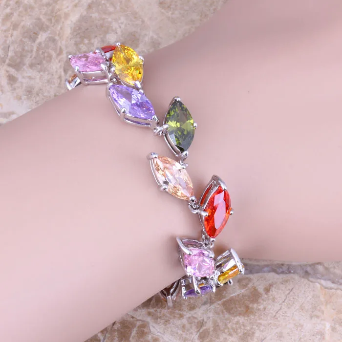 Dazzling Multicolor Multigem Silver Plated Link Chain Bracelet 7 - 8 inch S0827