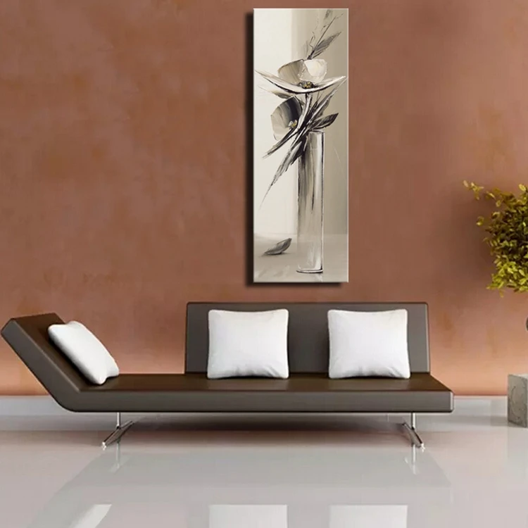 Beautiful grey abstract knife oil painting of flower in a vase for living room decoration on canvas heavy texture