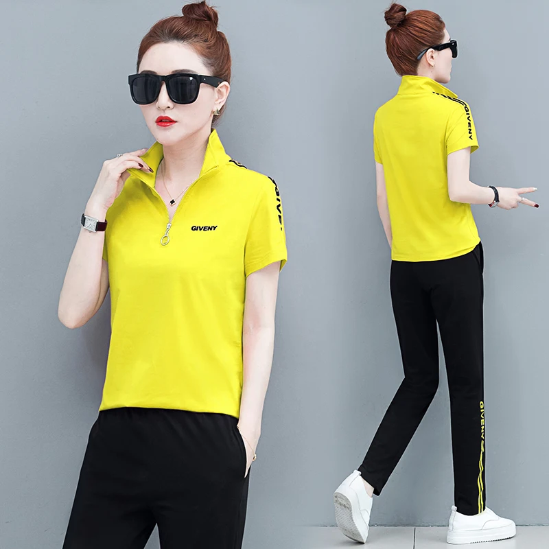 

Summer Tracksuit Two Pieces Sets For Women Loose size Lady suit Short Sleeve Running Sports 2 Pieces Sets Tops And Long Pants