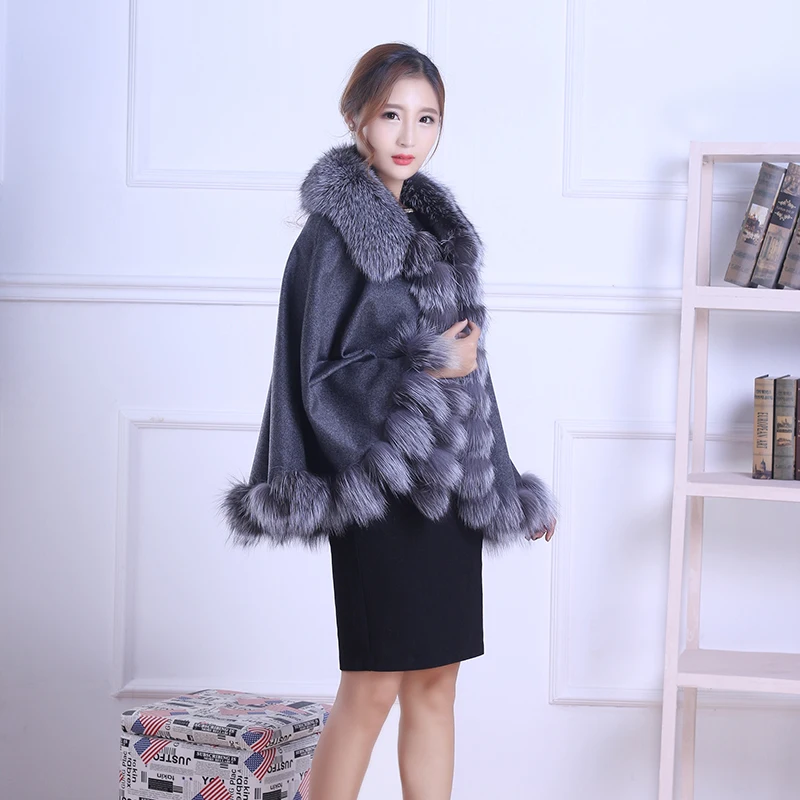 Luxury Wedding Genuine Cashmere Shawls Fox Fur Trimming and Collar Autumn Winter Women Stole  Pashmina Wraps LF5003