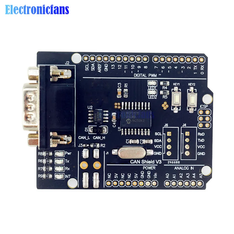 1Pcs MCP2515 Can Bus Shield Board Module SUB-D Connector Standard UART IIC SPI LED Indicator Controller CAN 4.8-5.2V for Arduino