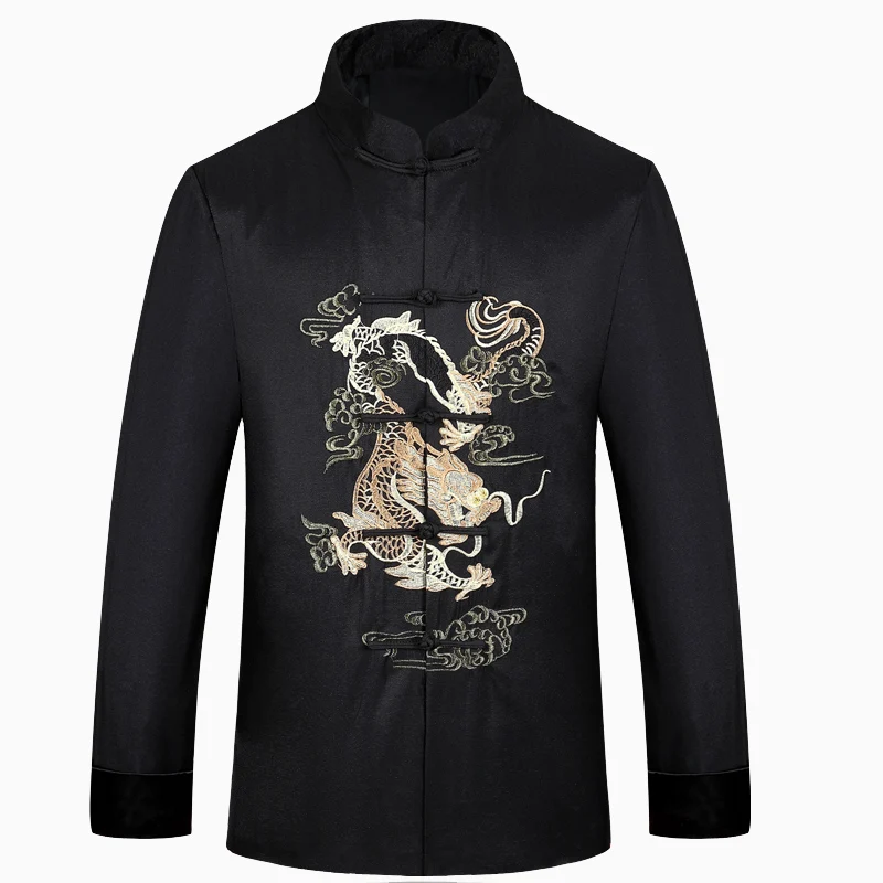 New Male Satin Outwear Chinese Style Embroidery Dragon Jacket Men Double Breasted Kung Fu Coat M L XL XXL XXXL