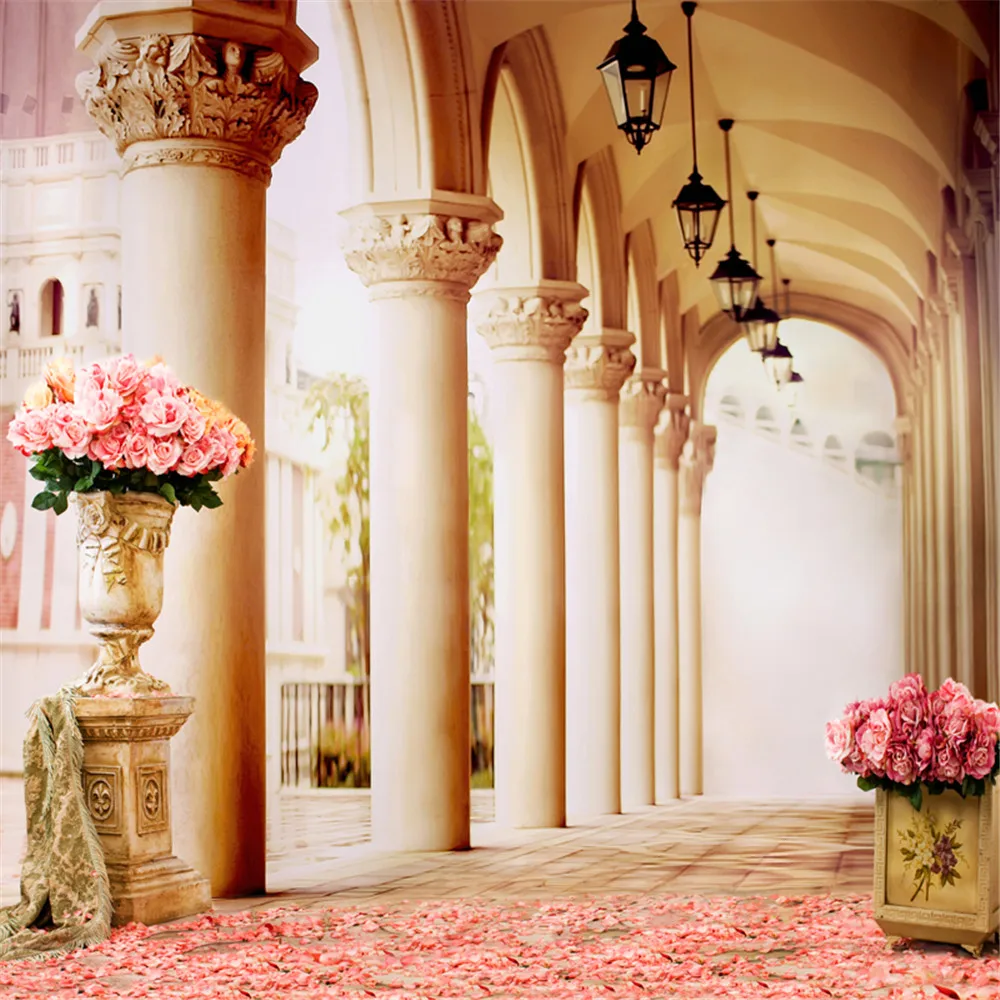 

Palace Gallery Photography Studio Backdrops Printed Stone Pillars Pink Rose Petals Carpet Wedding Party Photo Booth Background