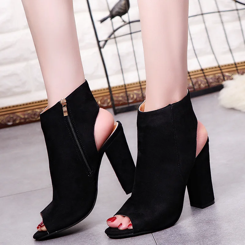 Ankle Boots Faux Suede Leather Casual Open Peep Toe High Heels Zipper Fashion Square Rubber Black Shoes For Women Plus Size 43