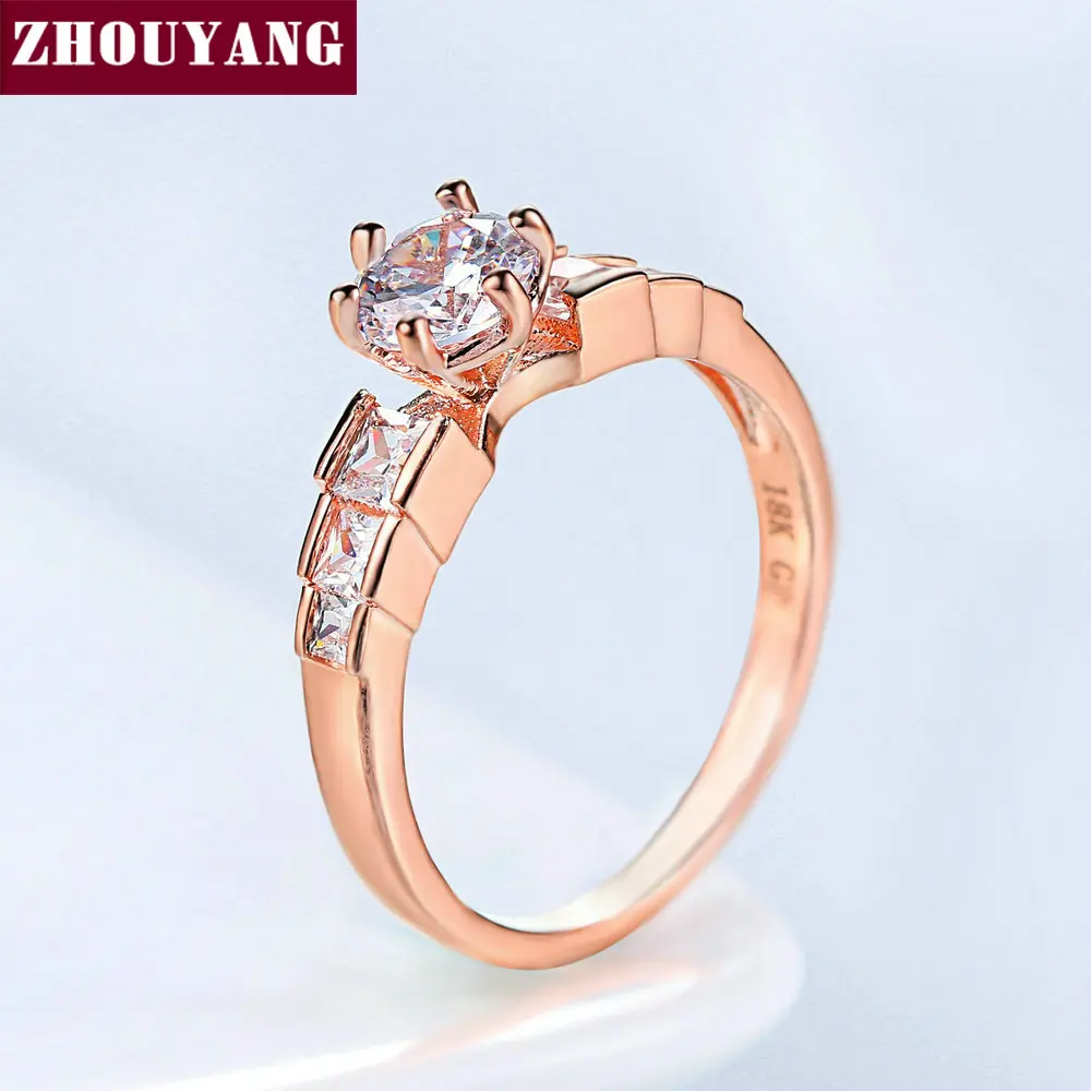 ZHOUYANG Wedding Ring For Women Rose Gold Color Six Claw Cubic Zirconia Round Cut Engagement Party Gift Fashion Jewelry R680