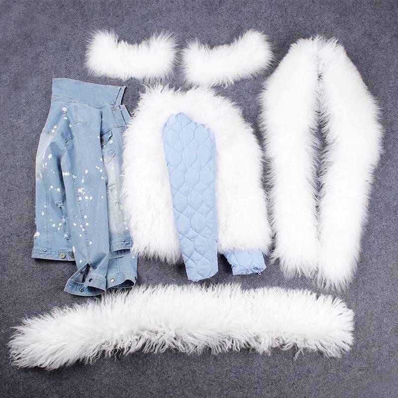 Mao mao kong Natural wool lined with luxurious wool fur collar denim coat winter casual warm fashion short fur jacket Women\'s ja