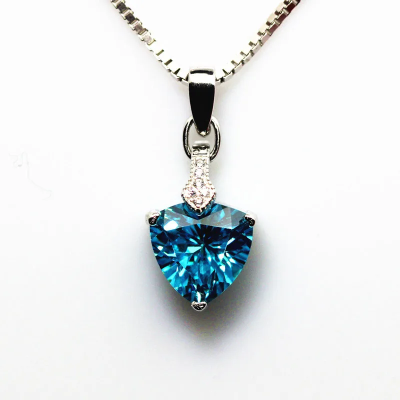 

triangle synthetic aquamarine pendant necklace with chain silver jewelry sea blue stone women jewelrys trendy free shipping