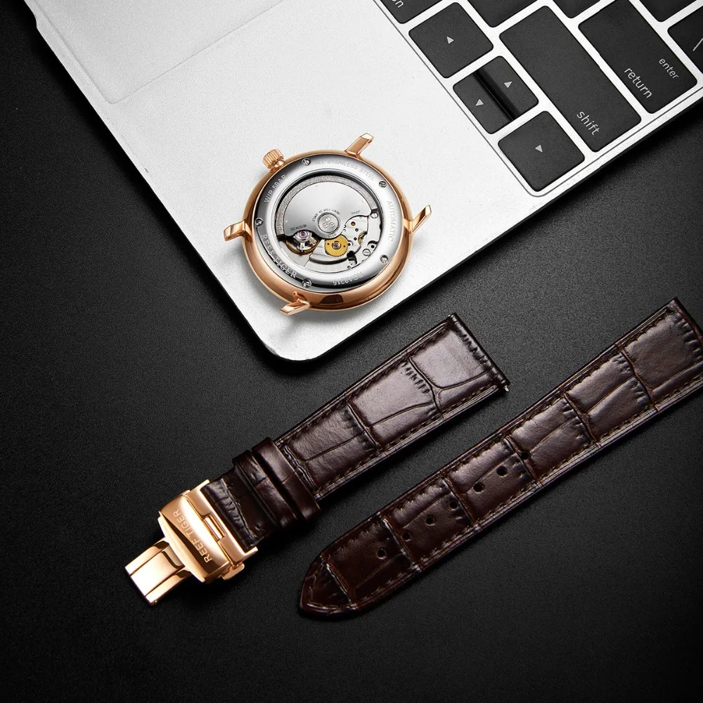 Reef Tiger/RT Top Band Luxury Dress Watch for Men Rose Gold Automatic Watches Brown Leather Strap RGA8215