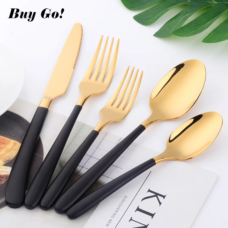 

5x Black Gold Flatware Set Forged 18/8 Luxury Cutlery Set Stainless Steel Utensils Kitchen Dinnerware Knife Fork Spoon Set C284