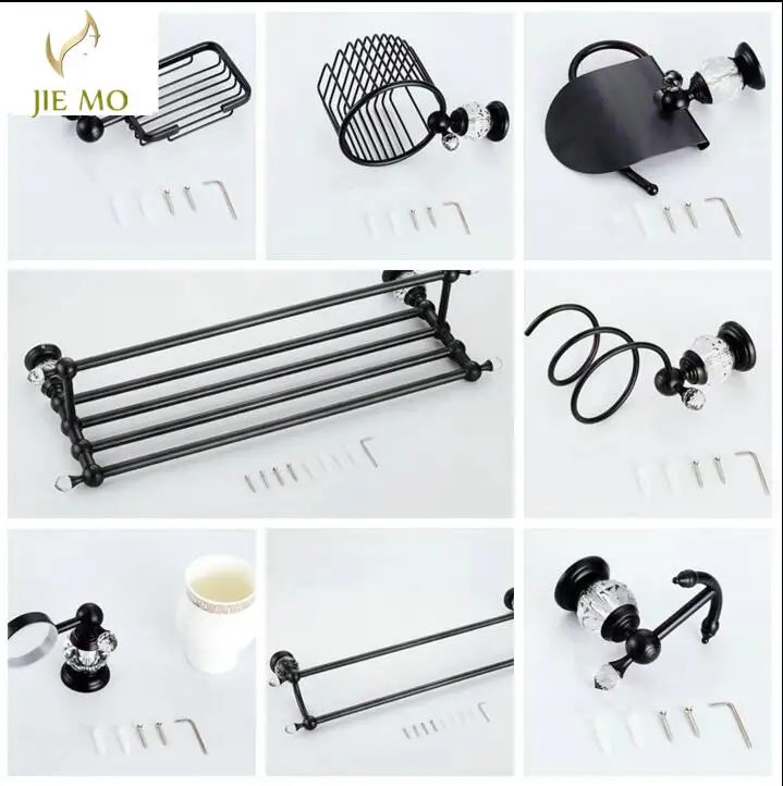 Black Brass &Crystal Bathroom accessories Bath Hardware Set Towel Rack Towel Bar Paper Holder Soap Dish cup holder toilet  JM251