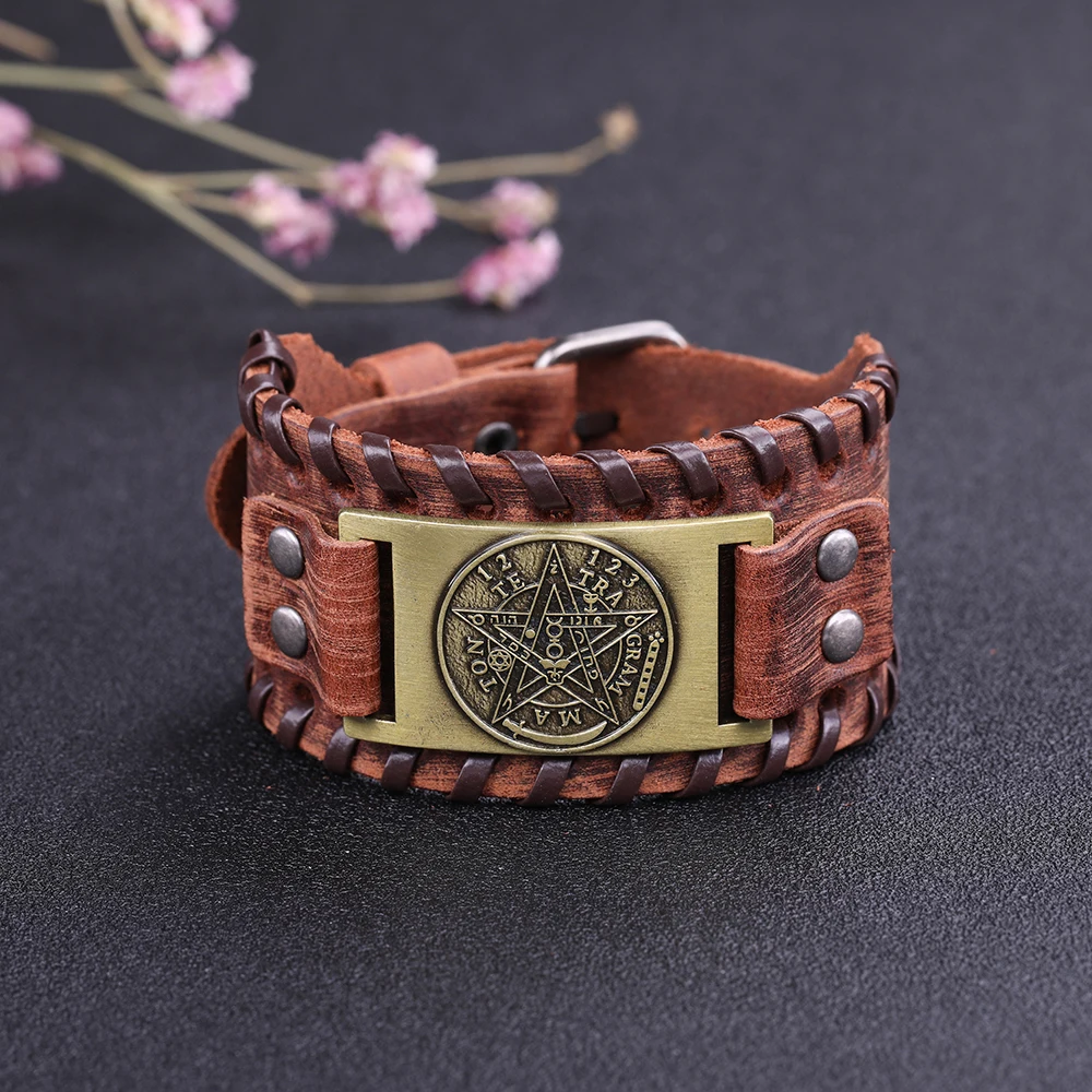 Tetragrammaton Pentagram Amulet Pentacle Men Leather Bracelet Ancient Power Name of God Adjustable Bangle Wiccan Jewelry