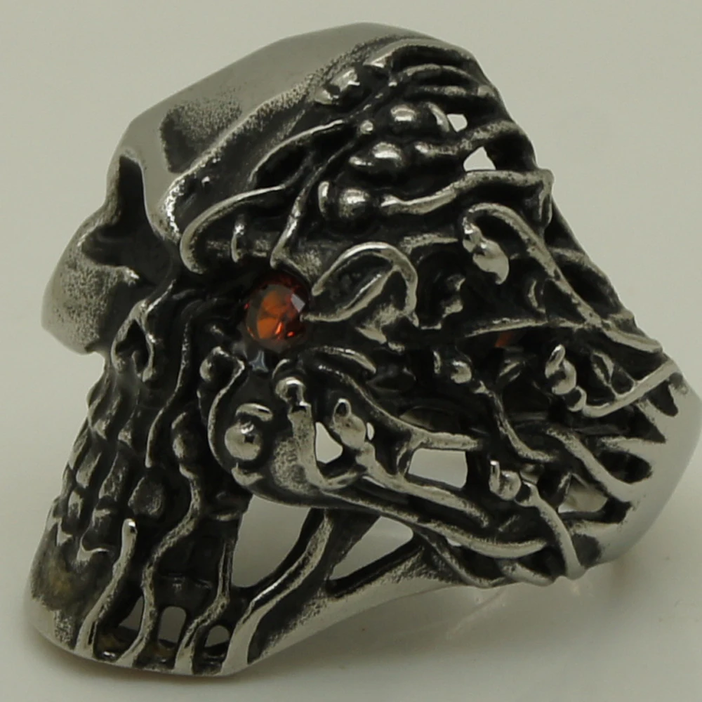 men/boy fire injured single red stone eye skull 316L stainless steel ring