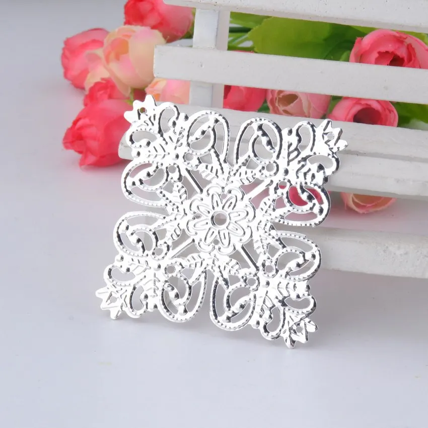 Retail 4 Silver Plated Filigree Square Flower Wraps Connectors Metal Crafts Gift Decoration DIY 56x56mm F0709