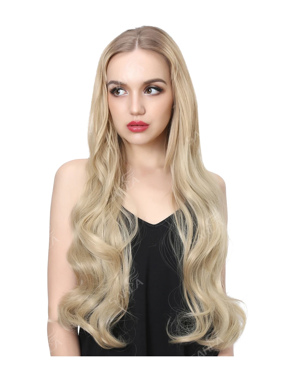 Elegante Premium-Synthetik-U-Teil-Perücke, halb nach oben, halber Unten und Kopf, 3/4 Clip in lockigen, schwarzen, blonden, dunkelbraunen Haarverlängerungen, 76,2 cm – Detail 13