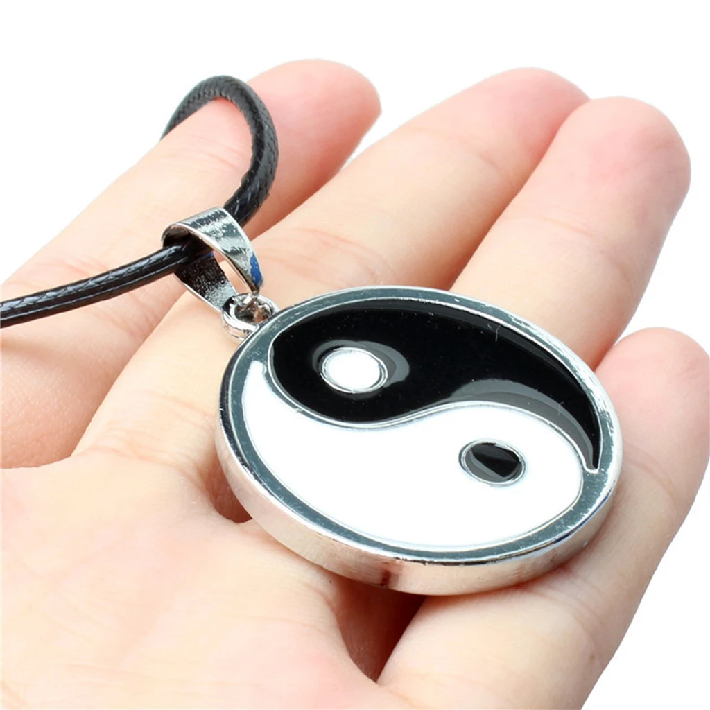 Yin Ying Yang Pendant Black White Necklace Charm with Black Leather Cord 20\