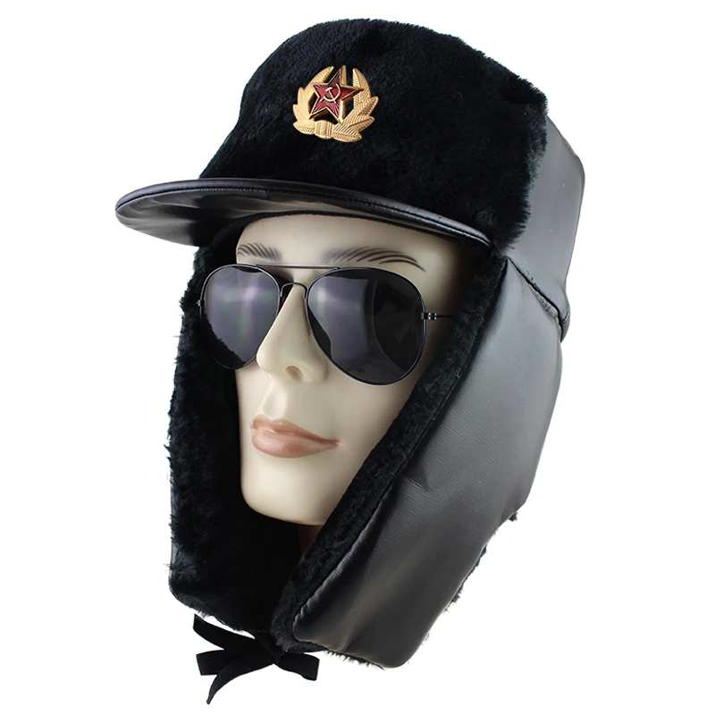 Soviet Army Military Badge Russia Ushanka Bomber Hats PU Leather Trapper trooper Hat Winter Faux Rabbit Fur Earflap Men Snow Cap