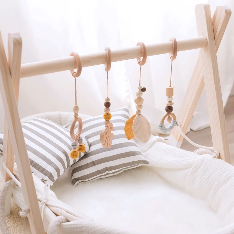 1ชุด Play Gym ไม้ Sensory โทรศัพท์มือถือ Rattle ของเล่นเด็ก Nordic Hiasan Kamar ของขวัญการถ่ายภาพเด้กทารก Prop เด็กทารก Rattles สำหรับรถเข็นเด็ก