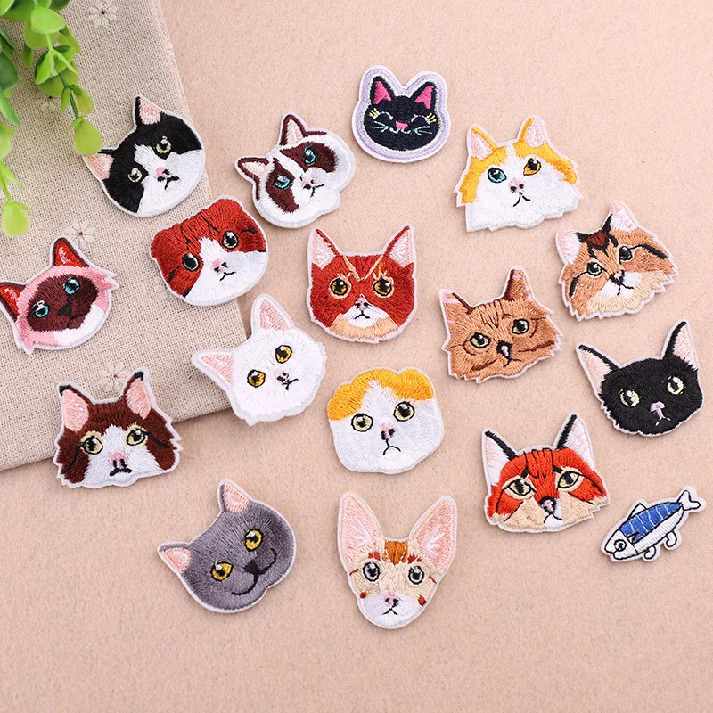 10 PCS AHYONNIEX Cute Cat Head And Fish Series Patches Embroidery Fashion Iron On Fabric Stickers Clothing Bags Accessories