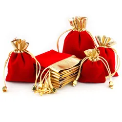 Multi Tamanho Vermelho e Dourado Cor Veludo Pacote Sacos, 7x9 9x12 12x16cm, Organza Drawstring Gift Bags, Bolsas de Jóias de Casamento, 5Pcs por lote