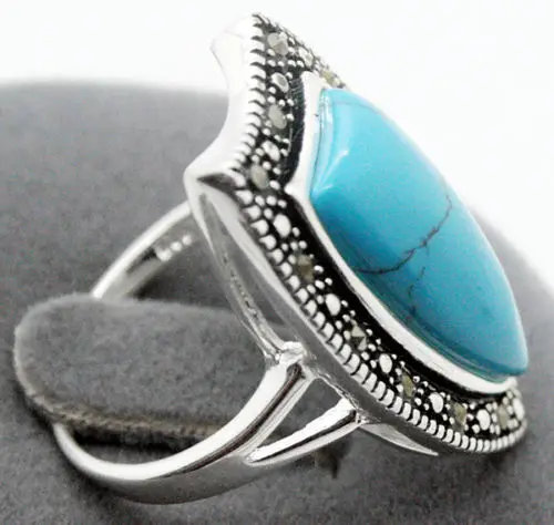 

wholesale Real 26X14MM Blue Natural Turquoise Marcasite 925 STERLING SILVER RING Size US 7 8 9 10