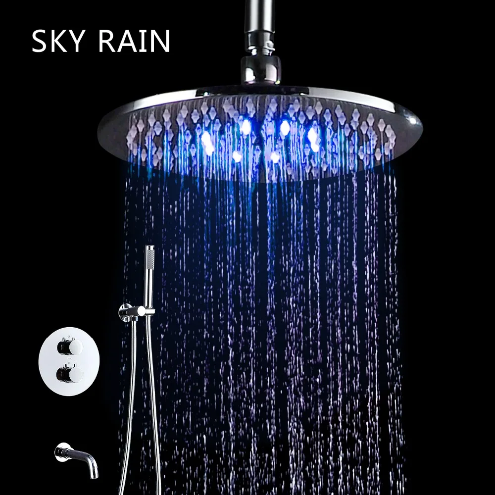 SKY RAIN Wall Mounted Round 0 inches Brass Shower Head Set Handheld Rainfall Thermostatic Mixer Valve