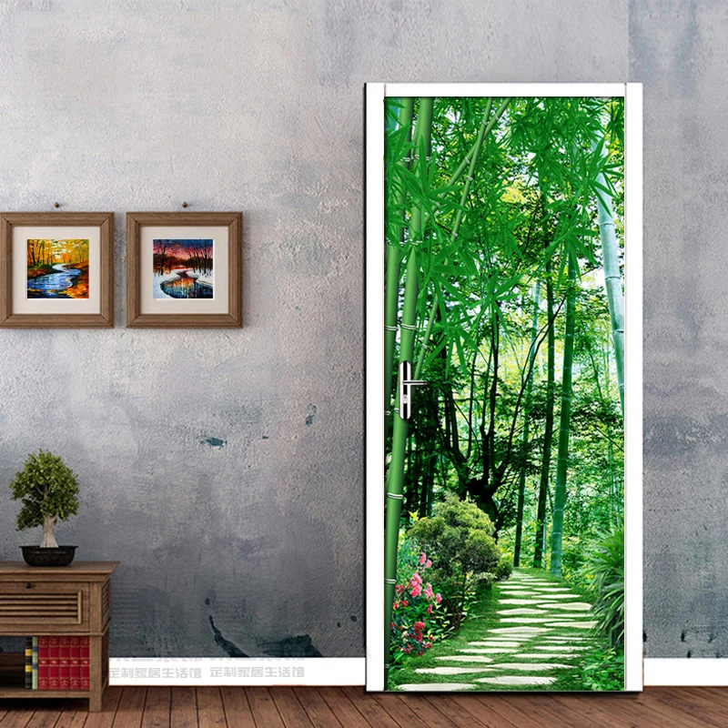 Green Bamboo Path Door Wallpaper Fresco Home Decoration Modern Bedroom Living Room Door Poster PVC Waterproof 3D Wallpaper Mural