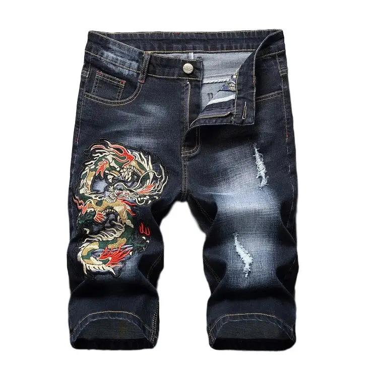 Idopy Mens Embroidery Jeans Shorts Summer Vintage Retro Patches Dragon Plus Size Denim Shorts Male Jean Shorts For Men