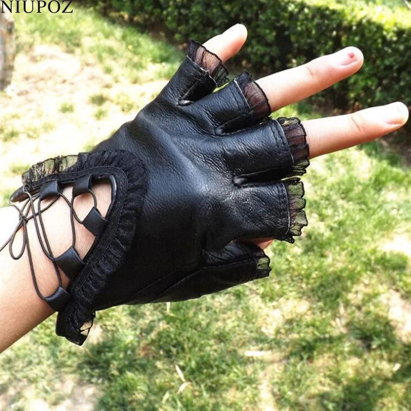 Fashion Women Black Half Finger Soft Sheepskin Gloves Sexy Lace Genuine Leather Fingerless Gloves Ladies Dance Costume Glove S59