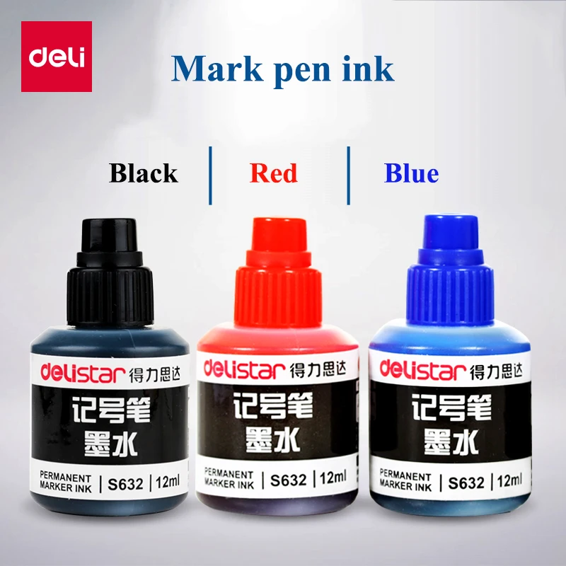 1PCS 12ml Deli S632 permanent marker ink 3 color disposable ink supplement liquid permanent marker pen ink wholesale