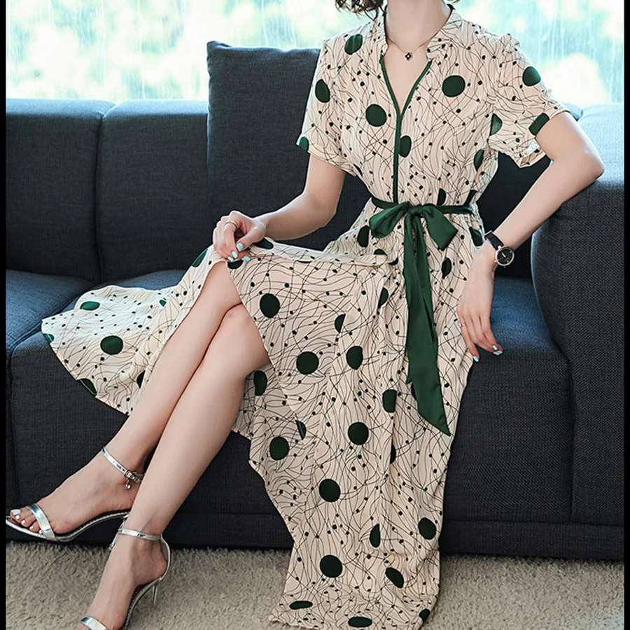 2024 Korean Vintage Silk Midi Dress Summer New Office lady White Print Elegant Boho Maxi Sundress Women Bodycon Party Vestidos