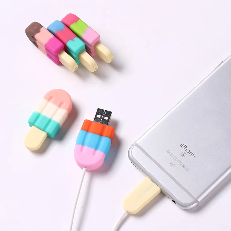 1pc Ice Cream USB Cable protector Data Line Silicone Cable Winder Protective For iphone Android USB Charging earphone Case Cover