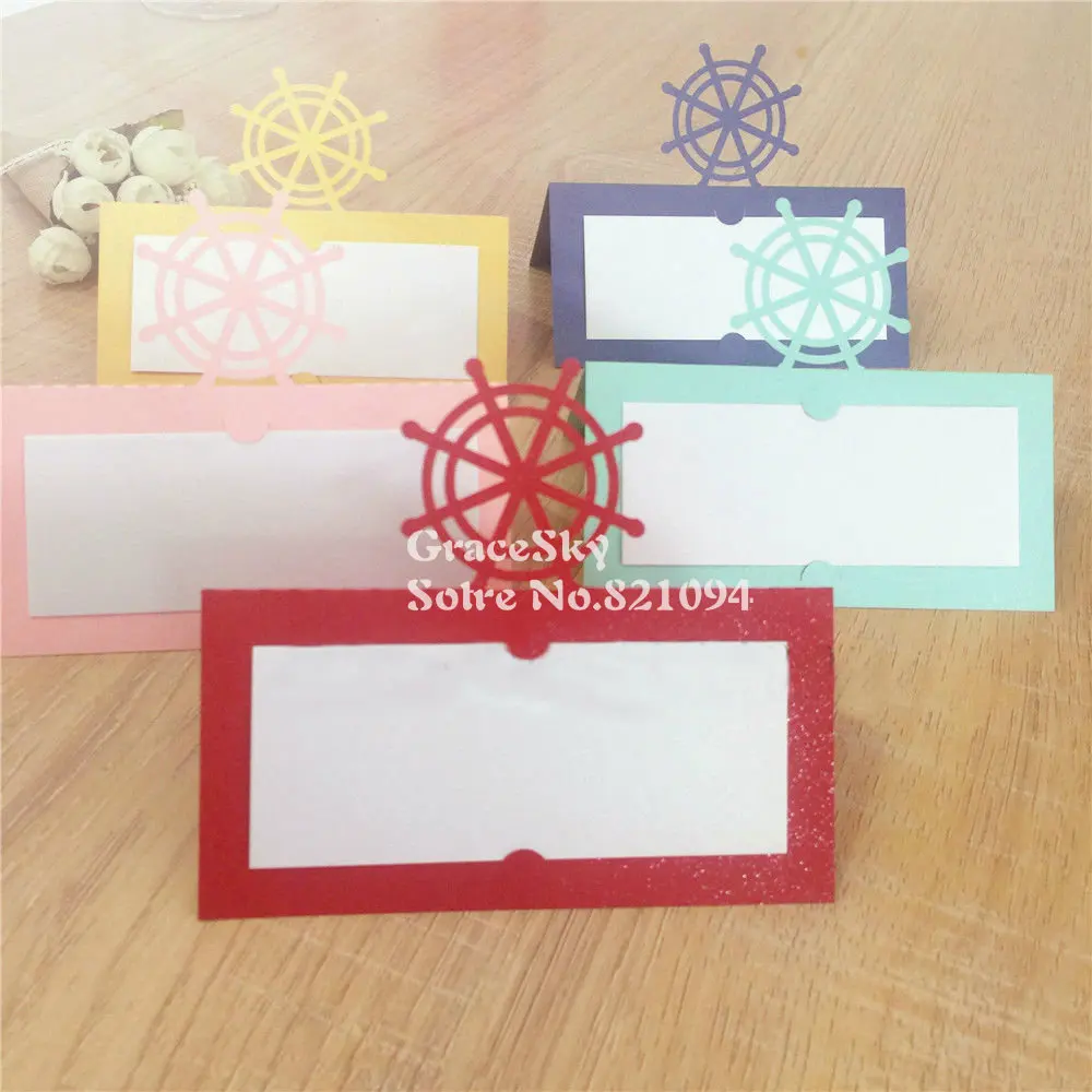 50pcs laser cut Ship Wheel Name Place Seat Paper Wedding Invitation Table Cards for Party Table Decoration Marriage favors