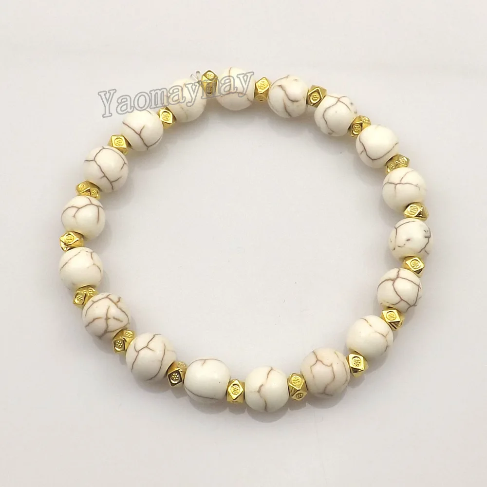 12pcs/Lot 8mm White Turquoises Stretchy Bracelets with Gold Color Spacer Beads