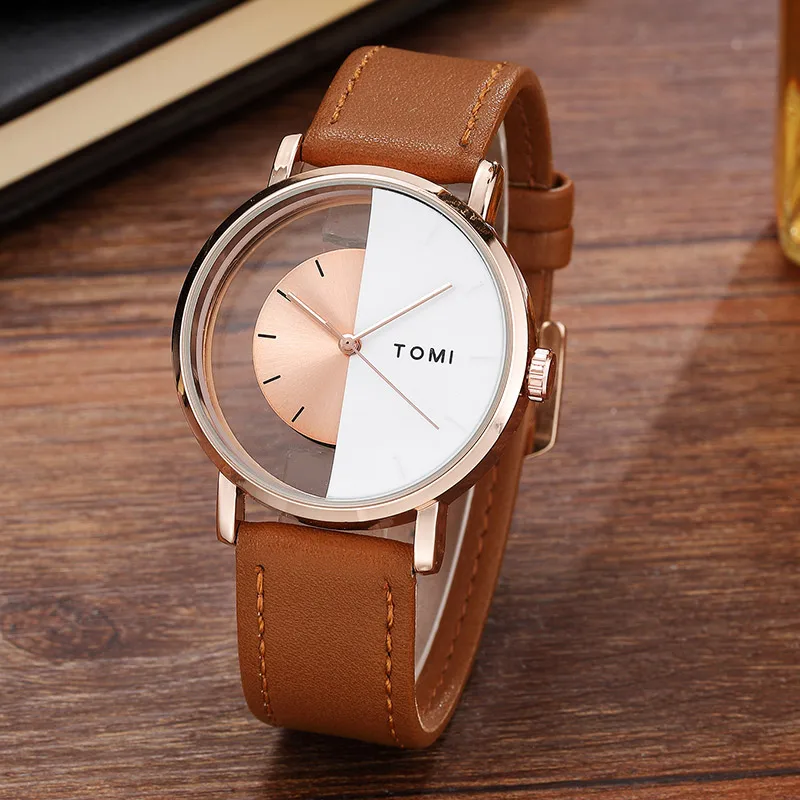 Concept Couple Watch Creative Half Transparent Unisex Watch For Men Women Lovers Leather Wristwatch Fashion Male Quartz Watches