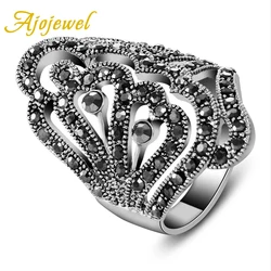 Ajojewel Big Hollow Designer Ring Black Rhinestone Luxury Women Rings Vintage Jewelry Fashion Accessories