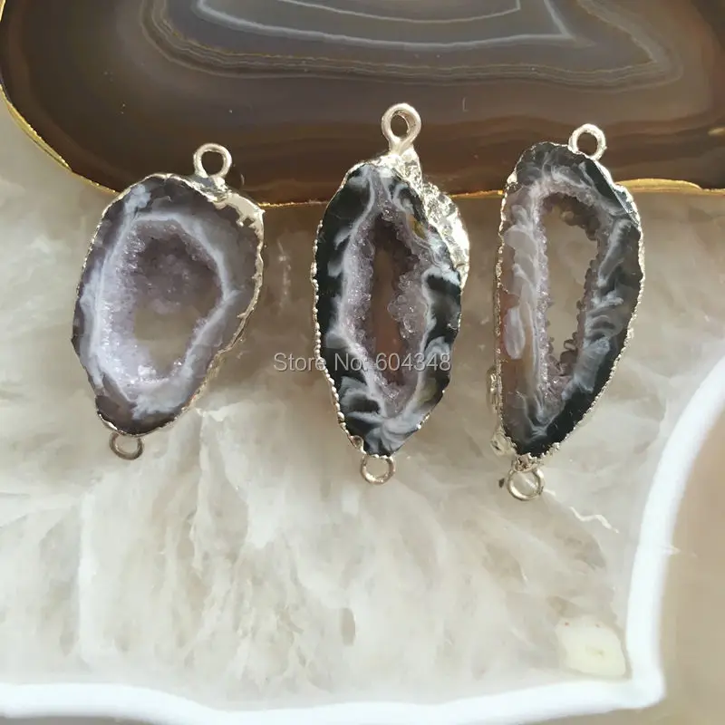 10pcs Nature Black  Quartz Geode  Gem Stone Connectors, Silver Color Crystal Drusy  Geode Pendant Beads Findings