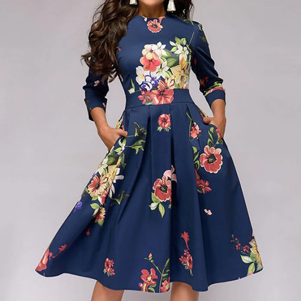 

Vintage Floral Cropped Sleeve Round Neck Dress Printing Elegant Western Dresses Summer Female Knee-Length High Waist Polyester