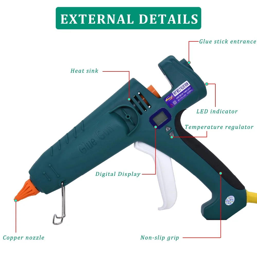 Pistola de pegamento de fusión en caliente, termostato de fabricación Industrial de alta potencia, temperatura ajustable, pantalla Digital, uso, barra de pegamento de 11mm, 500W