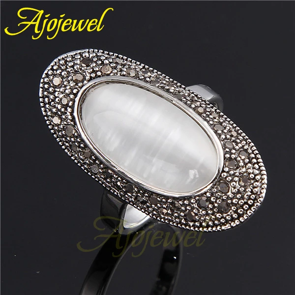 Ajojewel Pave Black Rhinestone Oval Shaped White Opal Stone Rings For Women Vintage Finger Ring Fashion Accessories