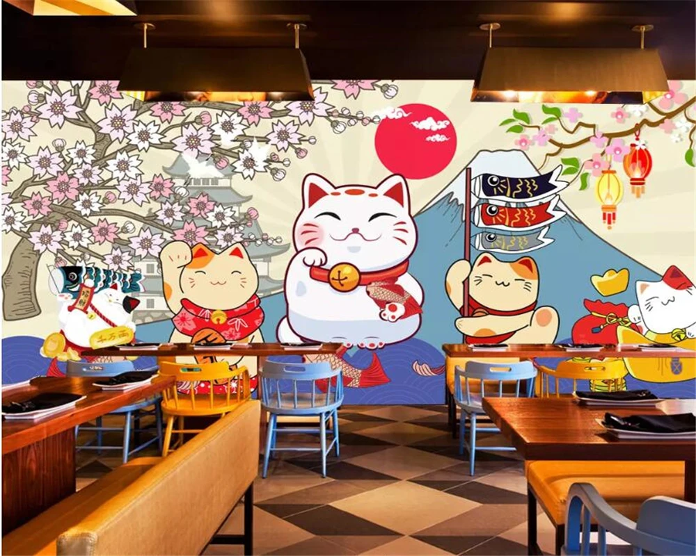 

beibehang Custom personality 3d wallpaper sushi cherry blossom cute cat sushi restaurant cuisine background 3d wallpaper mural