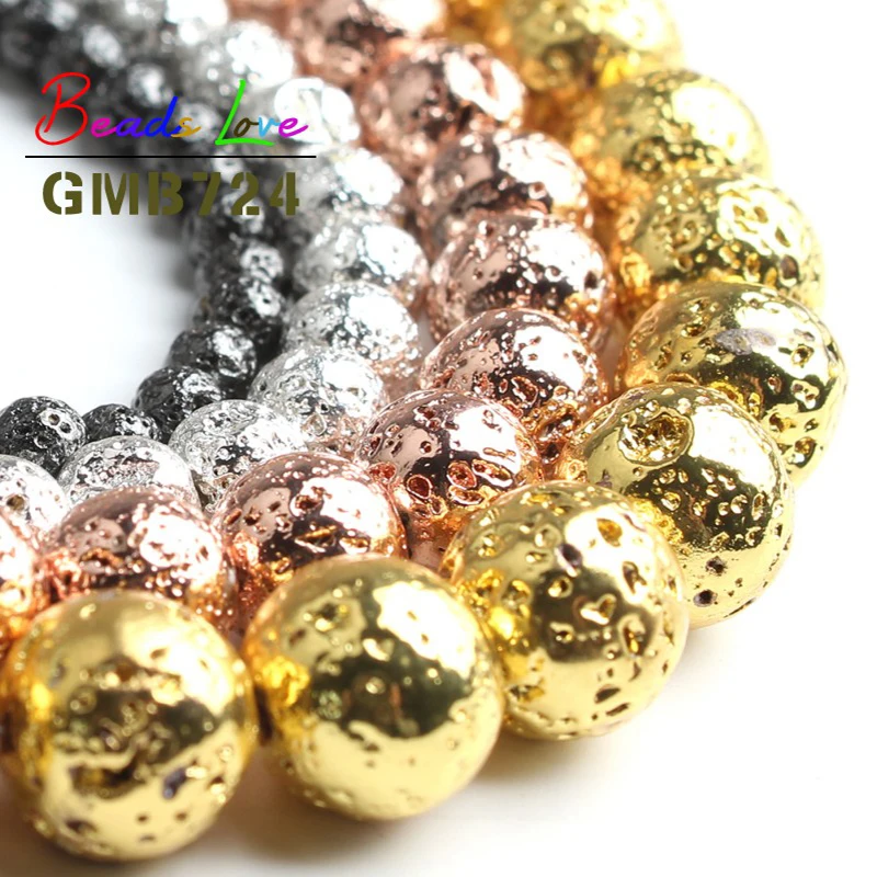 Wholesale Multicolor Plating Lava Stone volcanic rock Round Loose Beads for Jewelry Making DIY Bracelet Necklace 4 6 8 10mm 15\'\'
