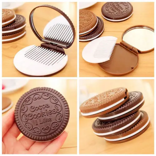 Cookie Shaped Design Portable Mini Mirror Makeup Cosmetic Tool Chocolate Comb